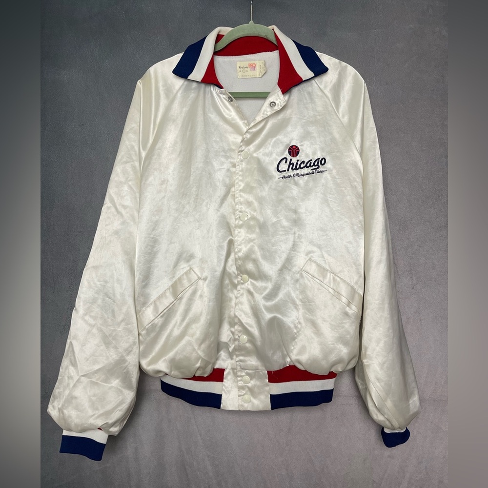 White Satin Bomber Jacket with Blue and Red Accents